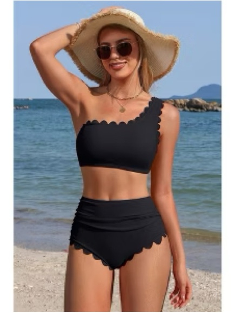 Charmo One-Shoulder Black Scalloped High-Waist Bikini Set - Picture 1 of 8